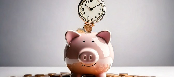 a clock being dropped into a piggy bank