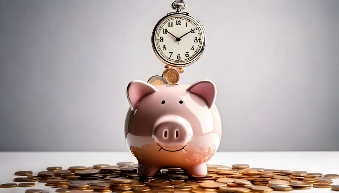 a clock being dropped into a piggy bank
