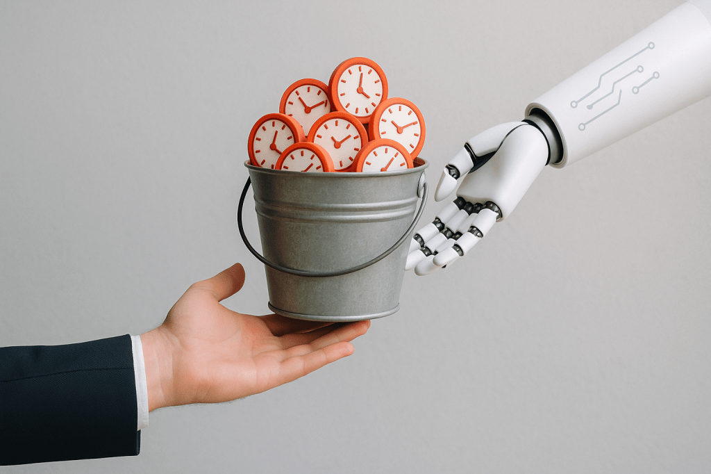 ai arm handing human a bucket of time