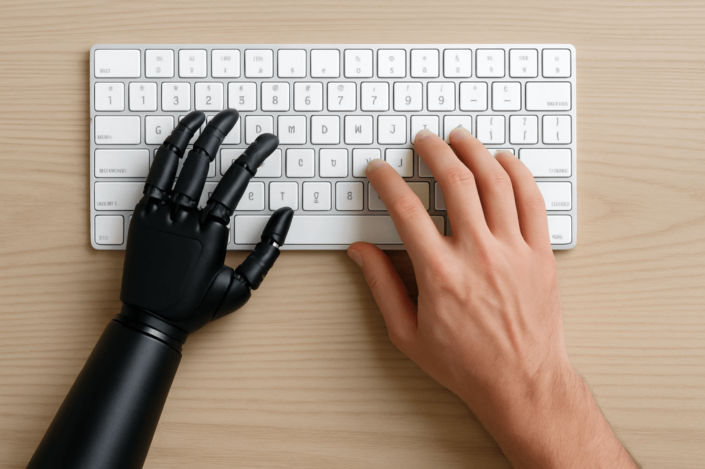 bionic hand and human hand typing