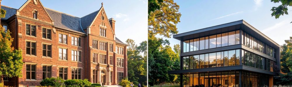university on the left, modern start-up building on the right
