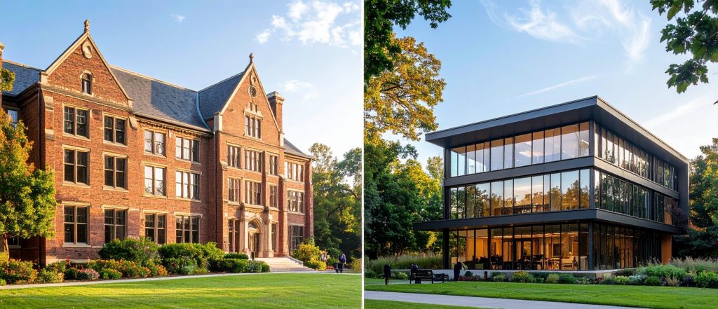 university on the left, modern start-up building on the right