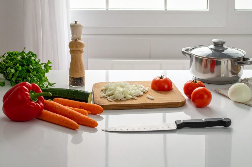 cooking ingredients, knife, cutting board, pot