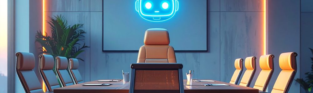 empty meeting room with an AI bot hovering over the table
