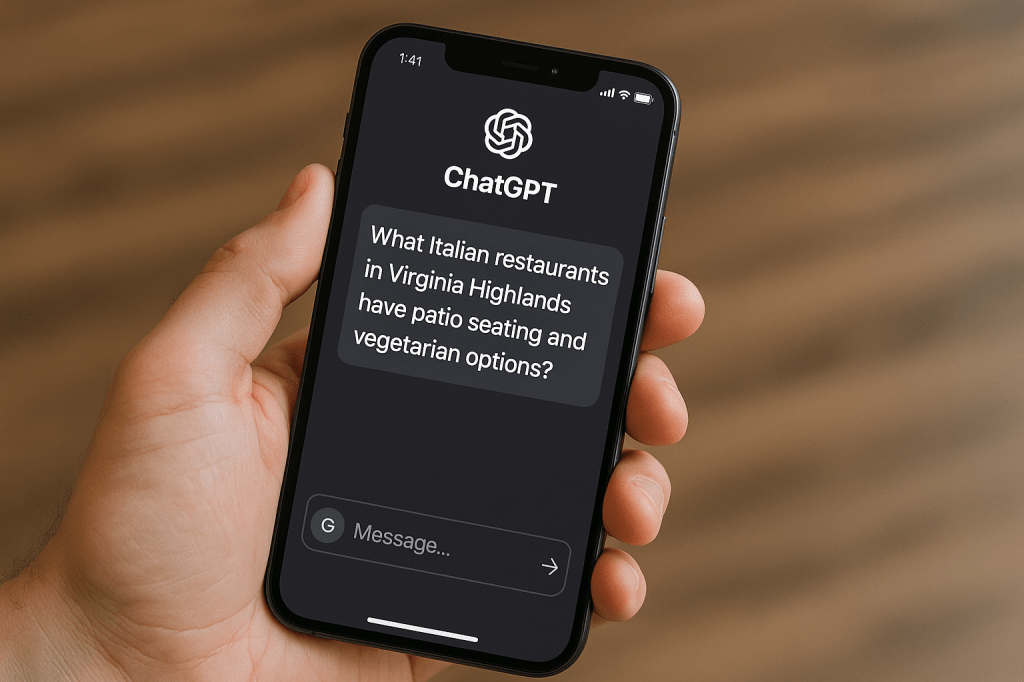 iphone screen showing chatGPT and a search for an Italian restaurant with patio seating and vegetarian options