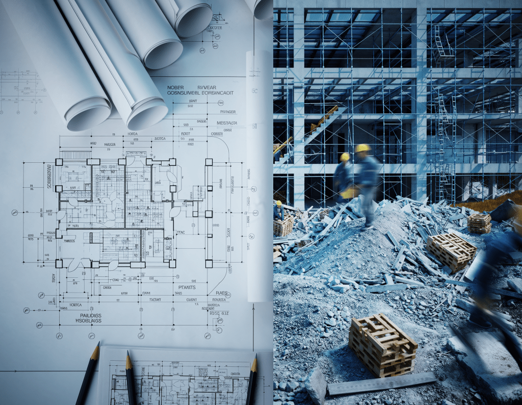 a blueprint next to a messy construction site