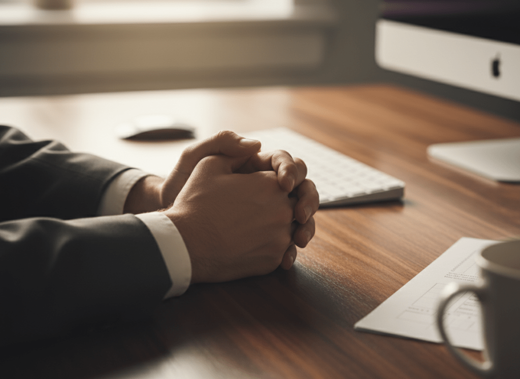 two hands folded on top of a desk