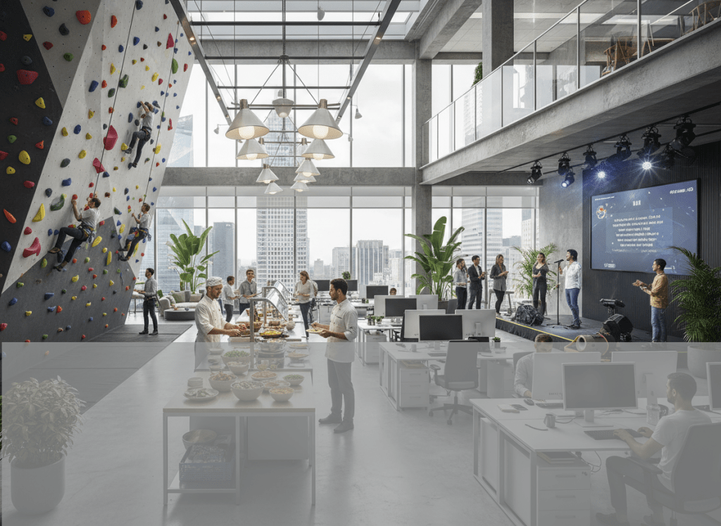 A lavish modern office with a rock climbing wall, an omelette station, a person doing karaoke, and a few people working at their desk