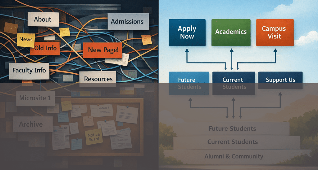left side: a cluttered site structure, right side: organized and clear