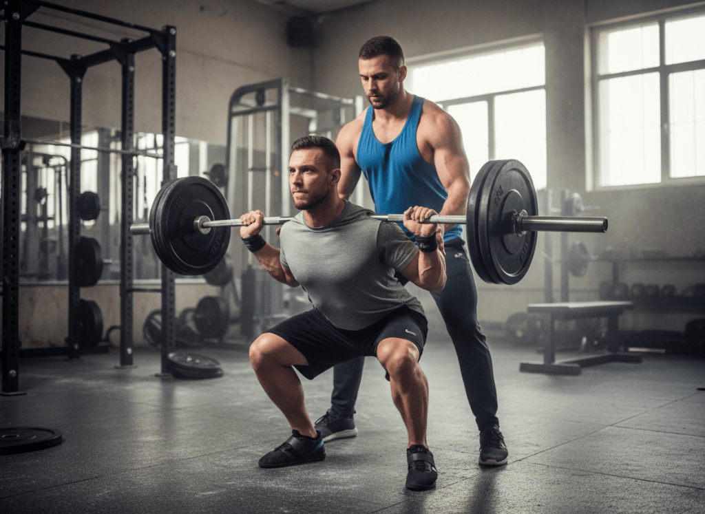 gym scene. One person is lifting, the other one spotting