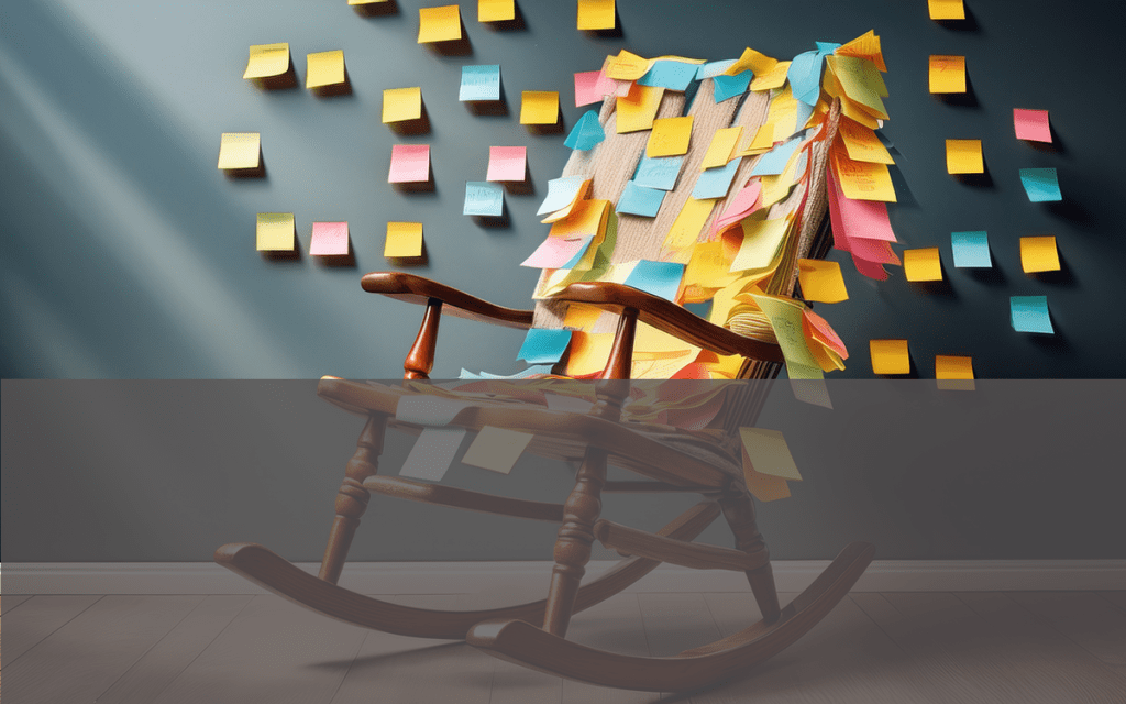 a rocking chair with lots of sticky notes attached to it