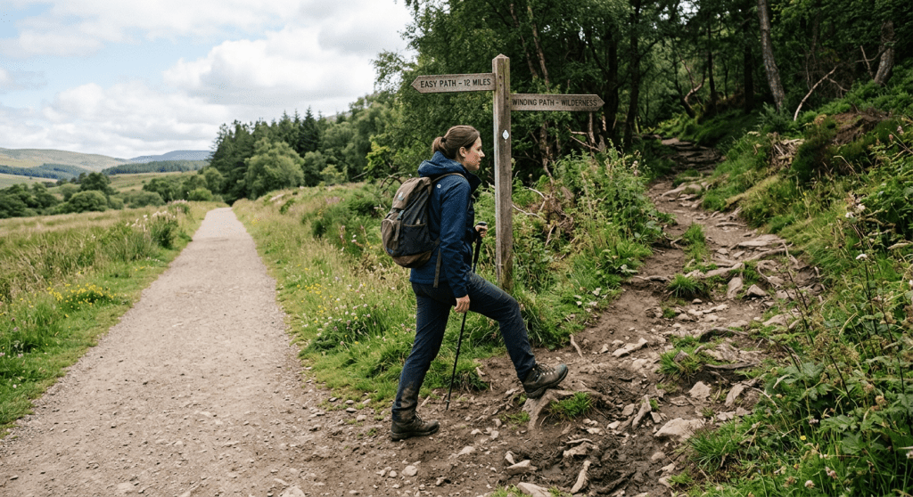 A person standing at a fork: one path straight and smooth, the other winding and uneven The person is stepping onto the messy path