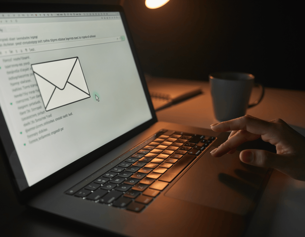 Close-up of a laptop screen with an email draft open Cursor blinking in the body of the message Finger hovering over the “Send” button (not clicking) Slight tension in the scene (dim lighting, focused framing)