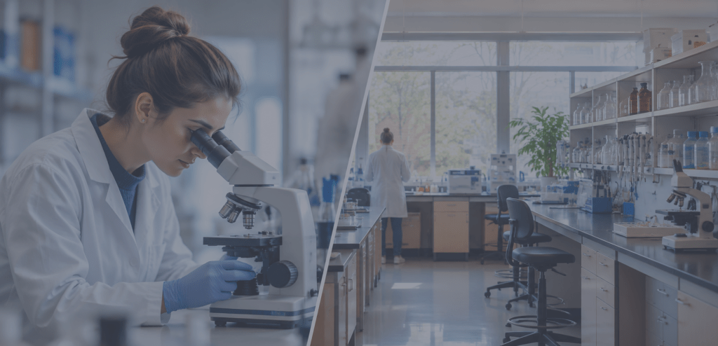 Researcher using a microscope beside a wider view of a university laboratory, illustrating how the focus of an image can change with context.