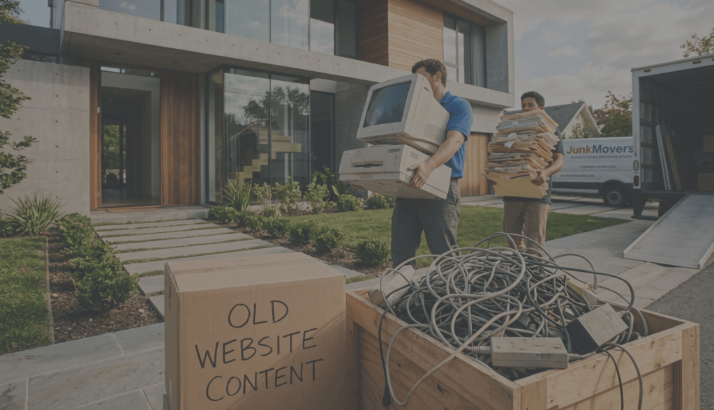 A beautiful, pristine modern house with movers carrying obviously useless junk into it: a tangled box of mystery cords, an ancient computer, stacks of old papers, broken office equipment, etc. A moving box in the foreground could be labeled “OLD WEBSITE CONTENT.”