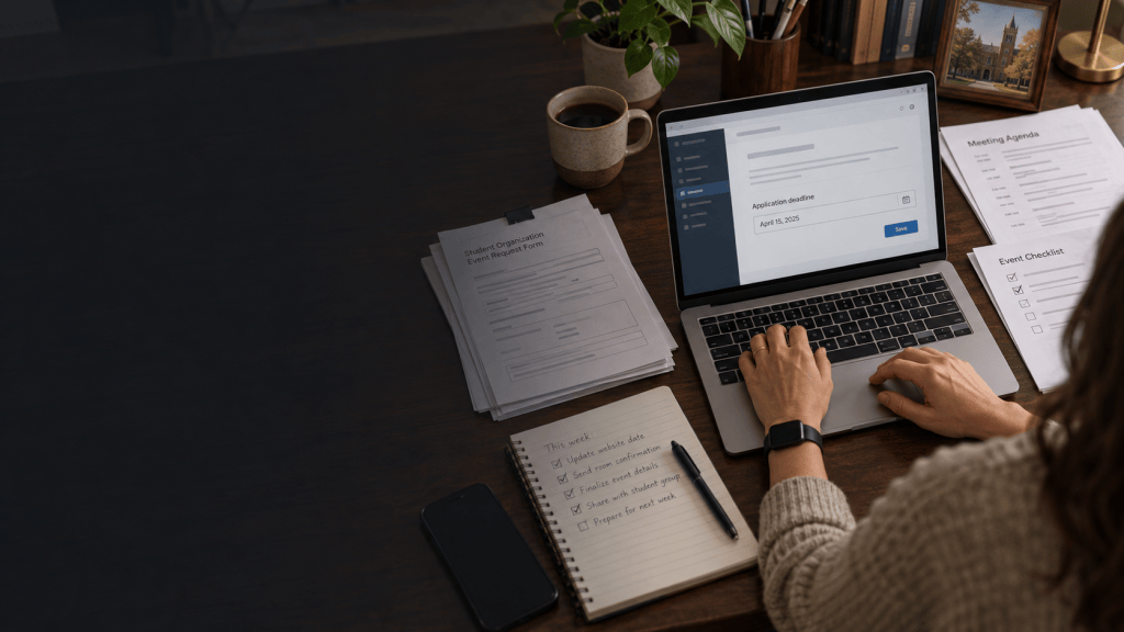 A university staff member updates an application deadline on a laptop beside meeting notes, student forms, and an event checklist.